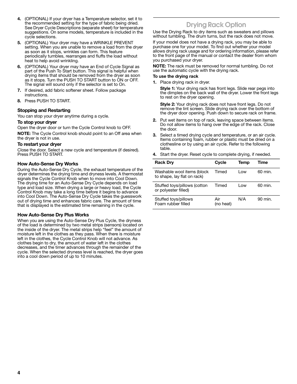 Drying rack option | Crosley Clothes Dryer User Manual | Page 4 / 8