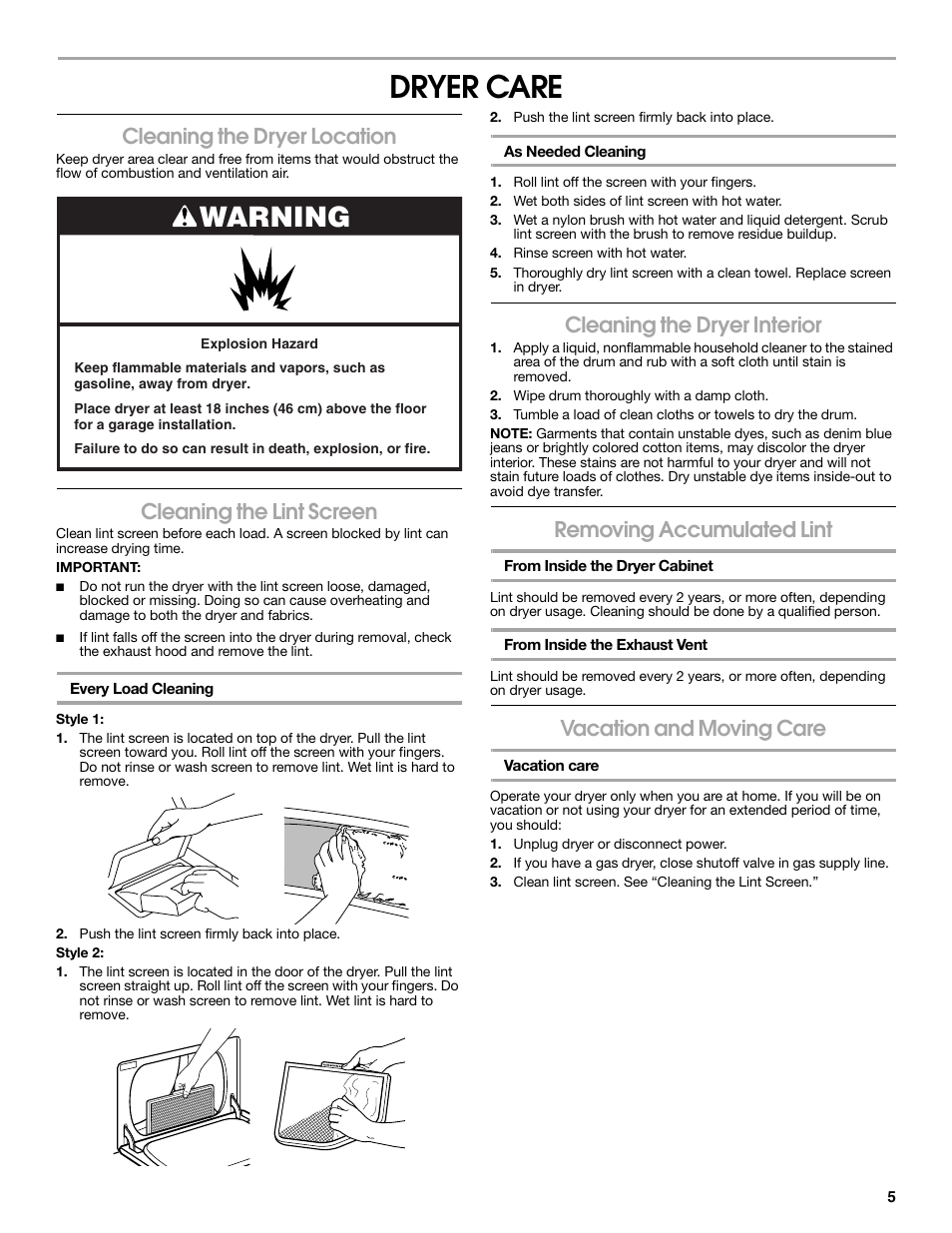 Dryer care, Warning, Cleaning the dryer location | Cleaning the lint screen, Cleaning the dryer interior, Removing accumulated lint, Vacation and moving care | Crosley Clothes Dryer User Manual | Page 5 / 8