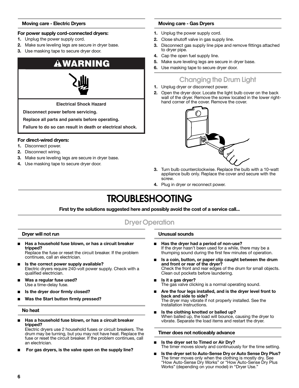 Troubleshooting, Warning, Changing the drum light | Dryer operation | Crosley Clothes Dryer User Manual | Page 6 / 8