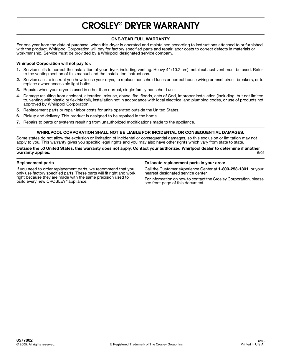 Crosley, Dryer warranty | Crosley Clothes Dryer User Manual | Page 8 / 8