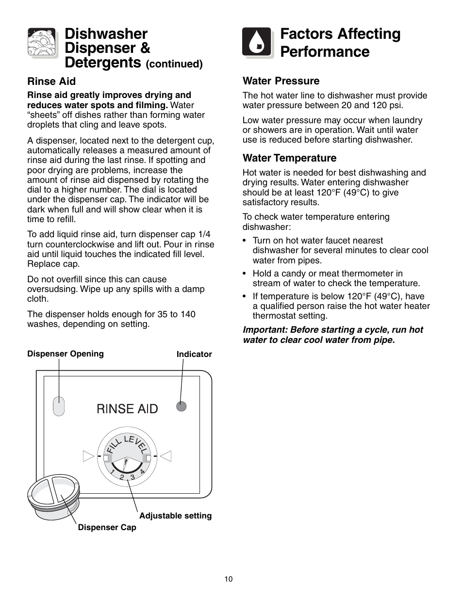 Dishwasher dispenser & detergents, Factors affecting performance | Crosley 500 Series User Manual | Page 10 / 16