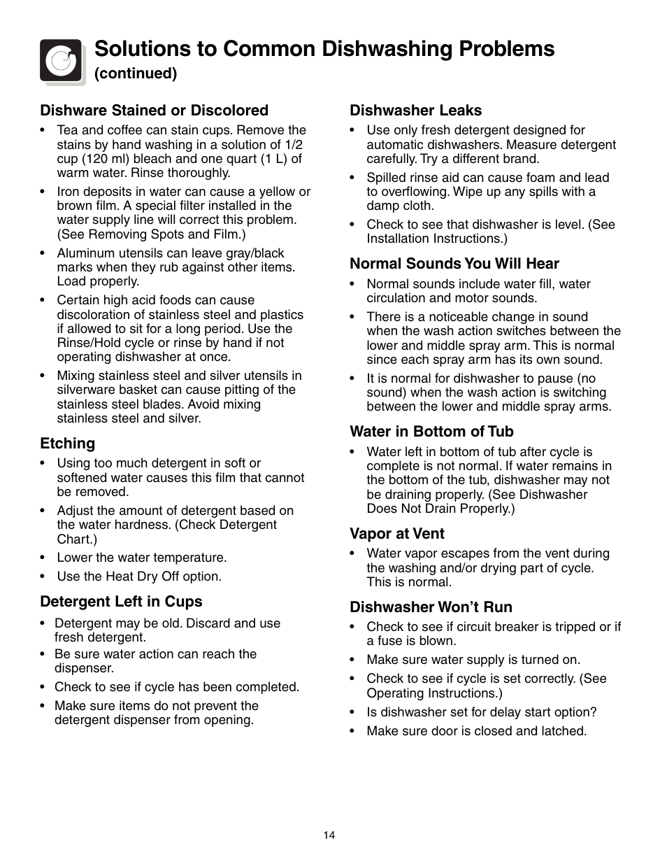 Solutions to common dishwashing problems | Crosley 500 Series User Manual | Page 14 / 16