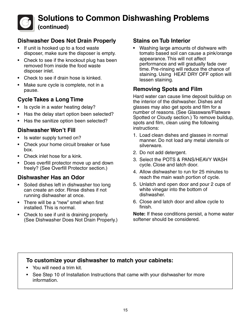 Solutions to common dishwashing problems | Crosley 500 Series User Manual | Page 15 / 16