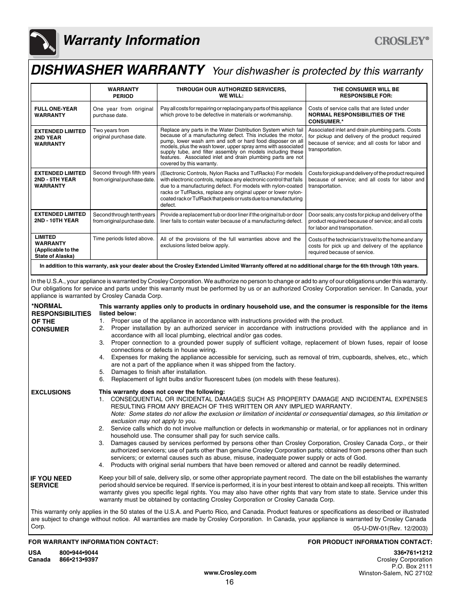 Warranty information, Dishwasher warranty, Your dishwasher is protected by this warranty | Crosley 500 Series User Manual | Page 16 / 16