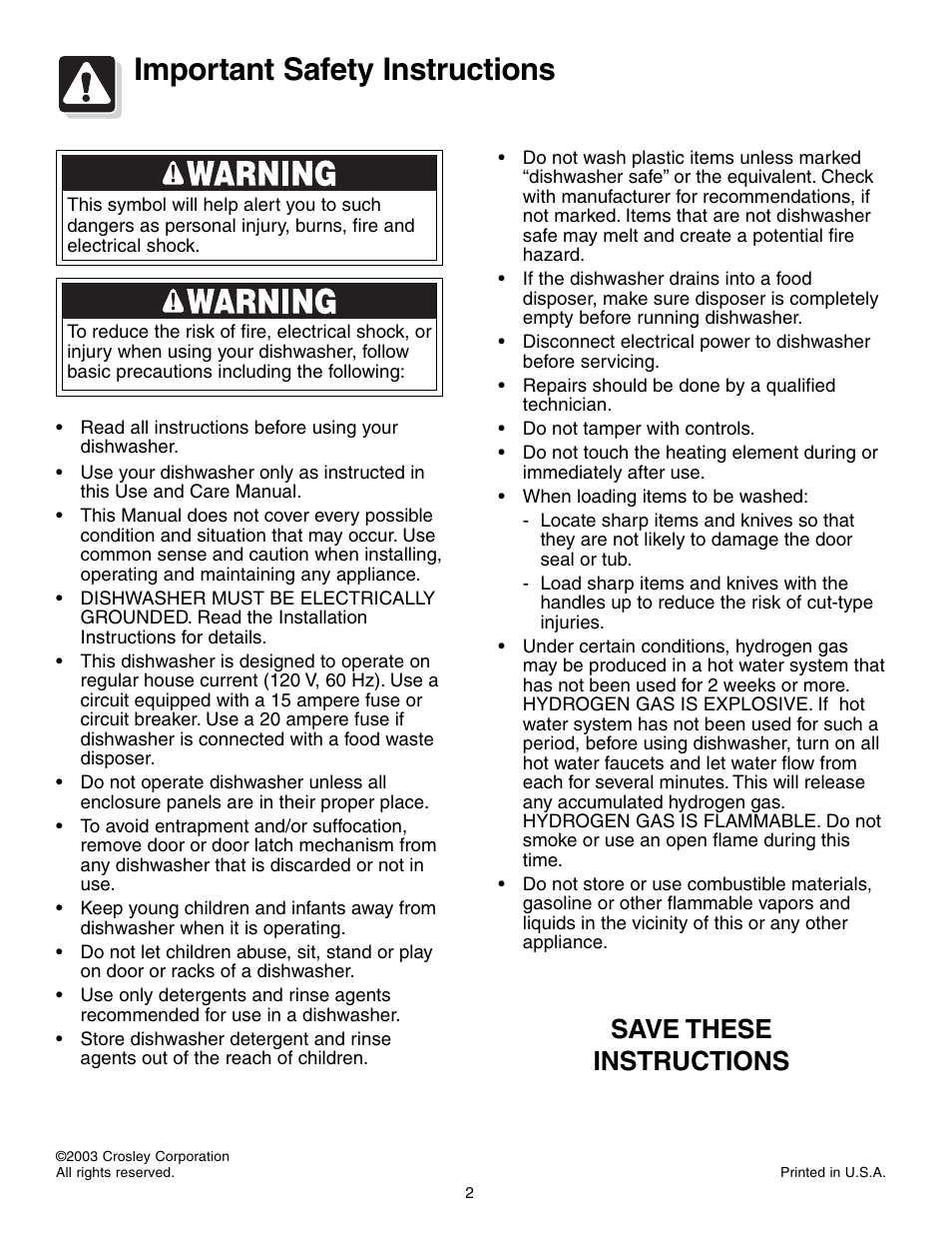 Important safety instructions, Save these instructions | Crosley 500 Series User Manual | Page 2 / 16