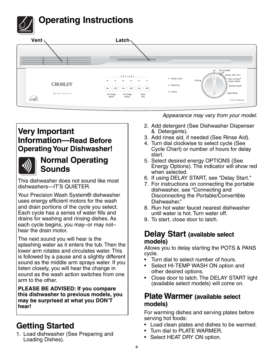 Operating instructions, Very important information, Normal operating sounds | Delay start, Plate warmer, Getting started, Read before operating your dishwasher | Crosley 500 Series User Manual | Page 4 / 16