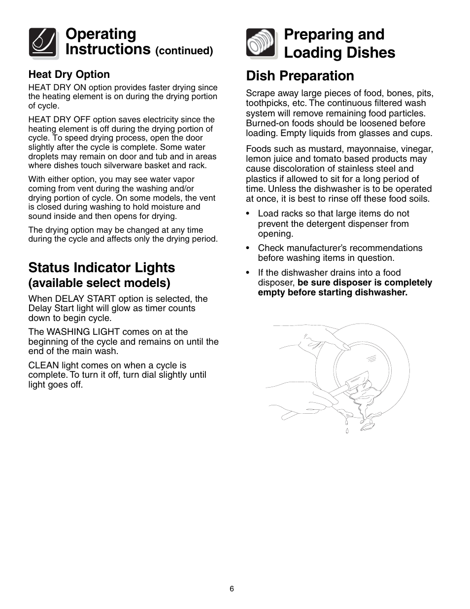 Preparing and loading dishes, Operating instructions, Dish preparation | Status indicator lights, Available select models) | Crosley 500 Series User Manual | Page 6 / 16