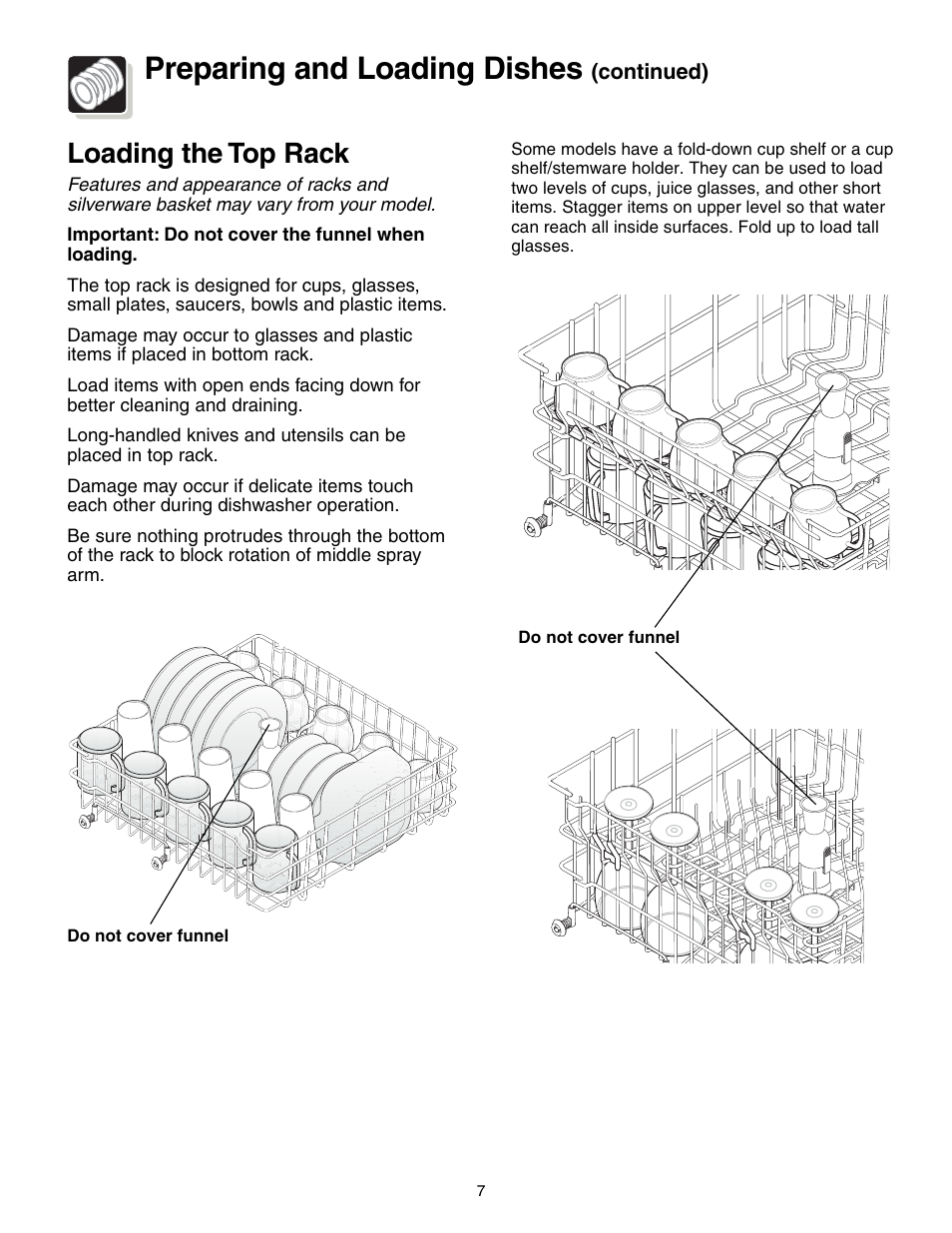 Preparing and loading dishes, Loading the top rack | Crosley 500 Series User Manual | Page 7 / 16