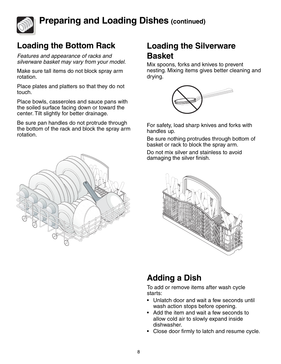 Preparing and loading dishes, Loading the silverware basket, Adding a dish | Loading the bottom rack | Crosley 500 Series User Manual | Page 8 / 16