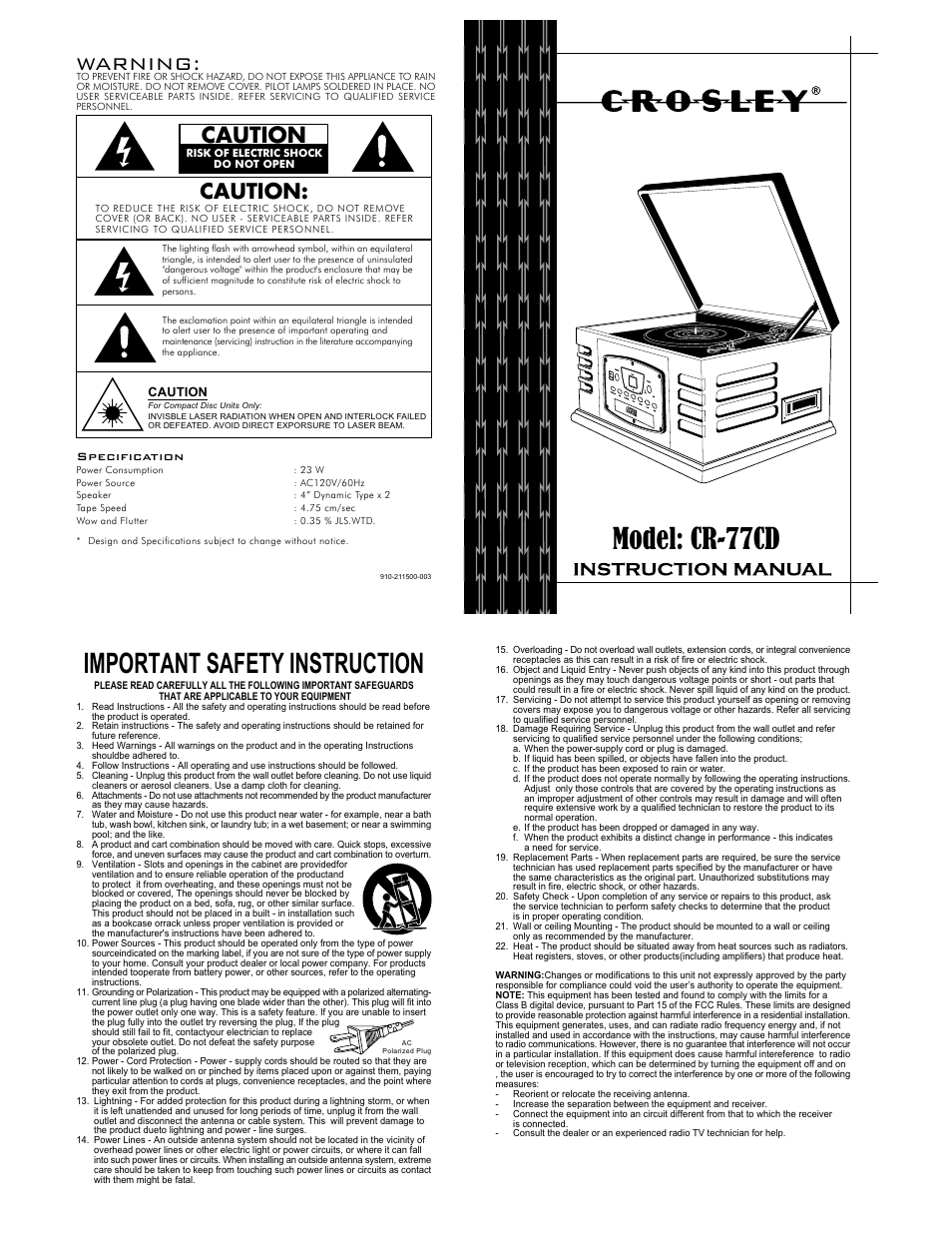 Crosley CR-77CD User Manual | 2 pages
