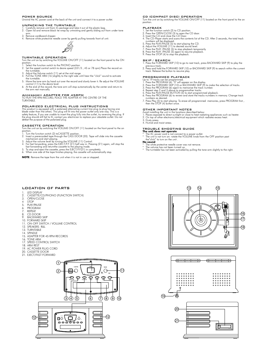 Location of parts | Crosley CR-77CD User Manual | Page 2 / 2