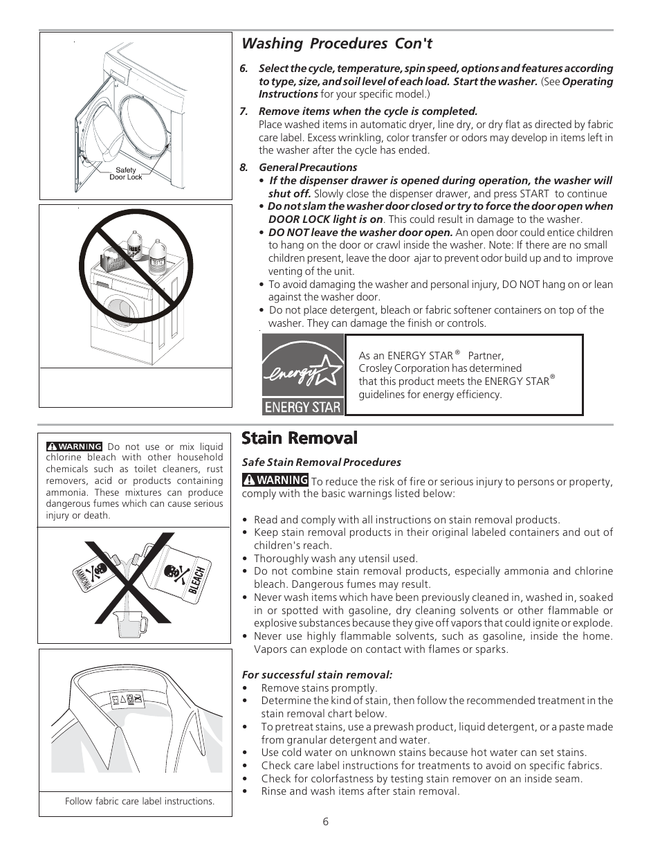 Stain removal, Washing procedures con't | Crosley 134874800A User Manual | Page 6 / 11