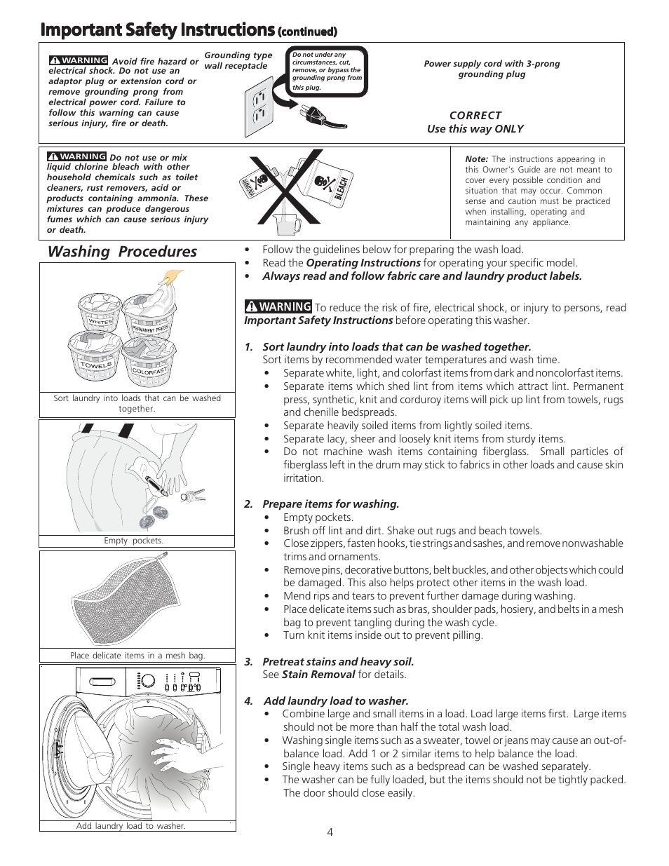 Important safety instructions, Washing procedures | Crosley 134860400 User Manual | Page 4 / 11