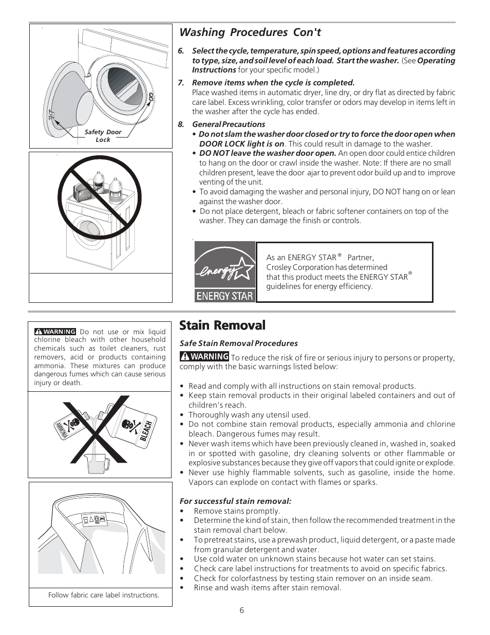 Stain removal, Washing procedures con't | Crosley 134860400 User Manual | Page 6 / 11