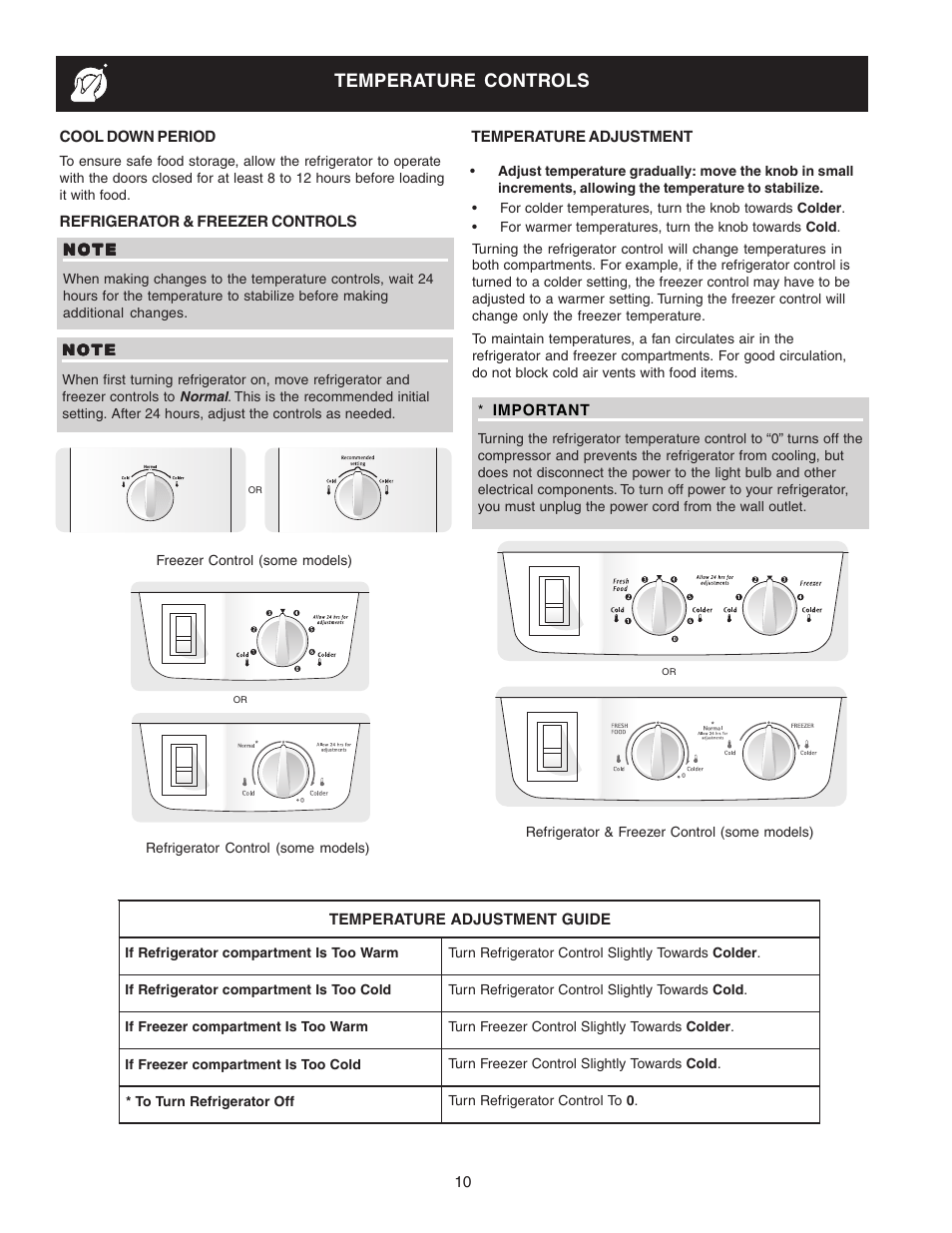 Temperature controls | Crosley Refrigerator Top Mount User Manual | Page 10 / 58