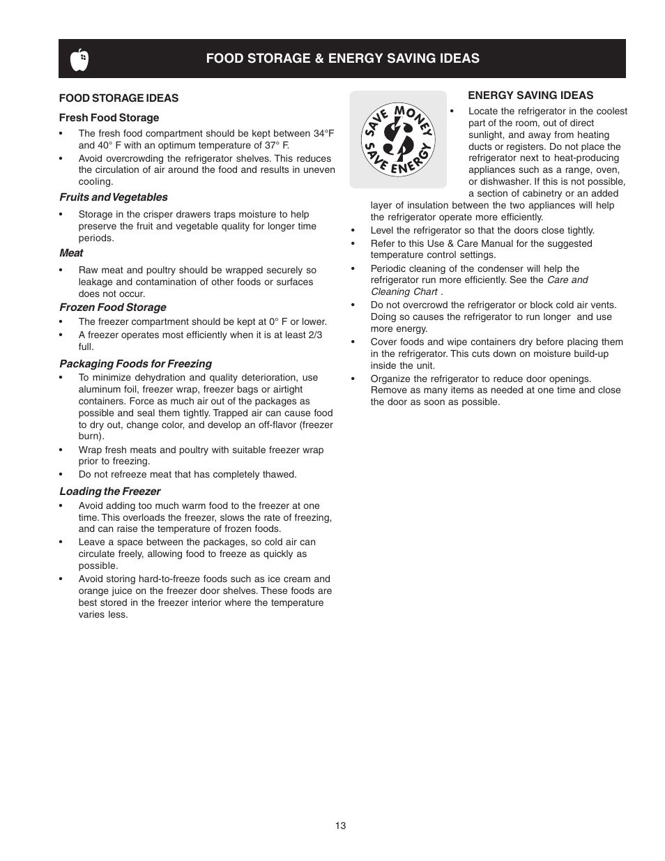 Food storage & energy saving ideas | Crosley Refrigerator Top Mount User Manual | Page 13 / 58