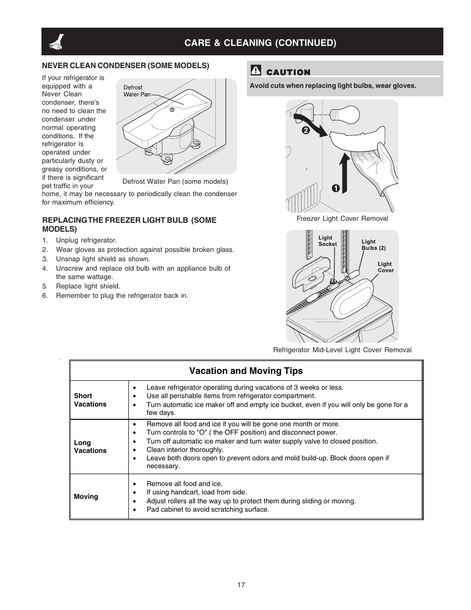 Care & cleaning (continued), Vacation and moving tips | Crosley Refrigerator Top Mount User Manual | Page 17 / 58