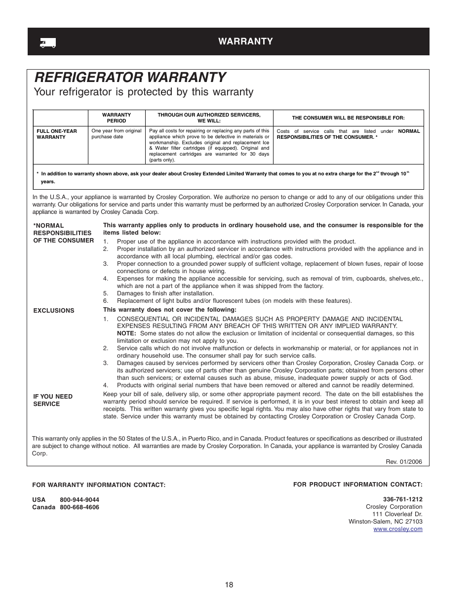 Refrigerator warranty, Your refrigerator is protected by this warranty, Warranty | Crosley Refrigerator Top Mount User Manual | Page 18 / 58