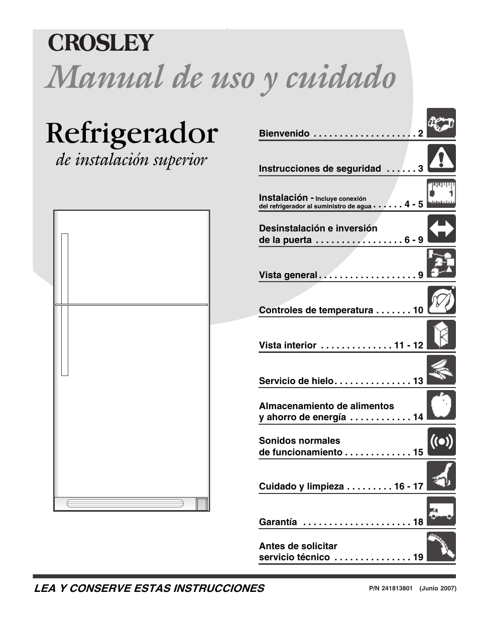 Manual de uso y cuidado, Refrigerador, De instalación superior | Crosley Refrigerator Top Mount User Manual | Page 20 / 58