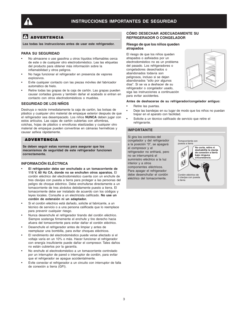 Instrucciones importantes de seguridad | Crosley Refrigerator Top Mount User Manual | Page 22 / 58