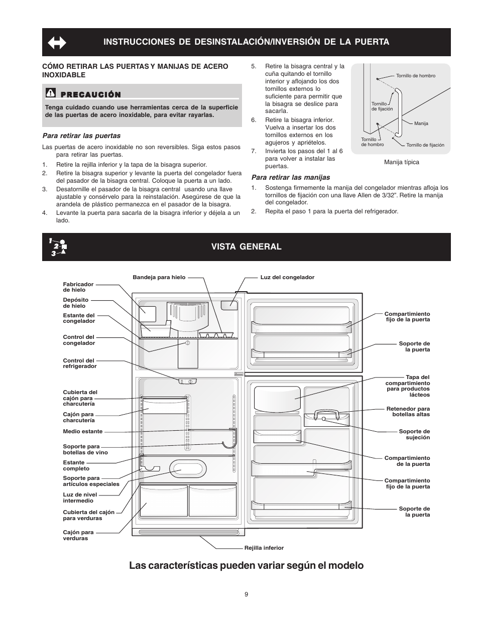 Las características pueden variar según el modelo, Vista general | Crosley Refrigerator Top Mount User Manual | Page 28 / 58