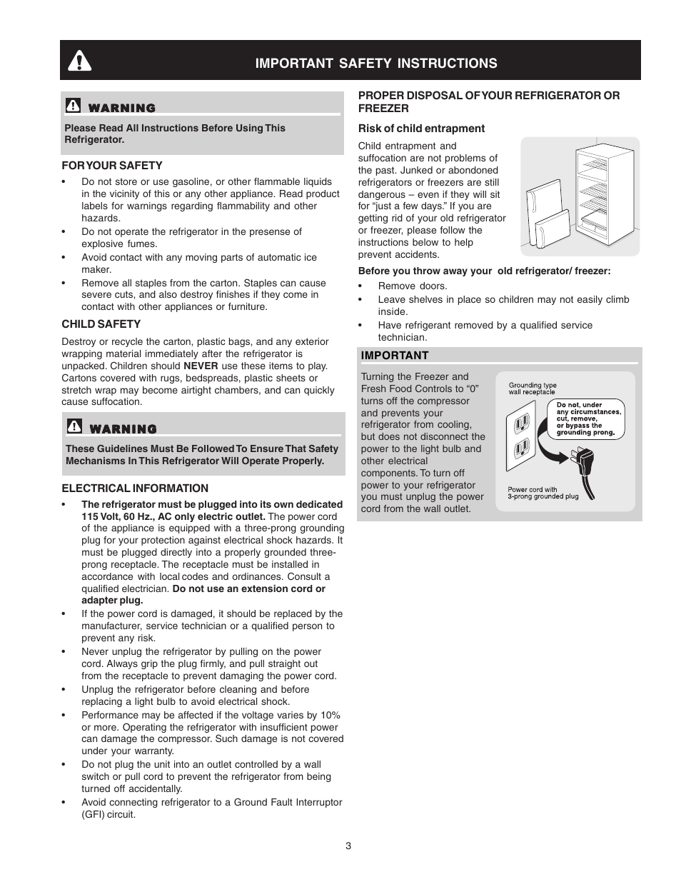 Important safety instructions | Crosley Refrigerator Top Mount User Manual | Page 3 / 58