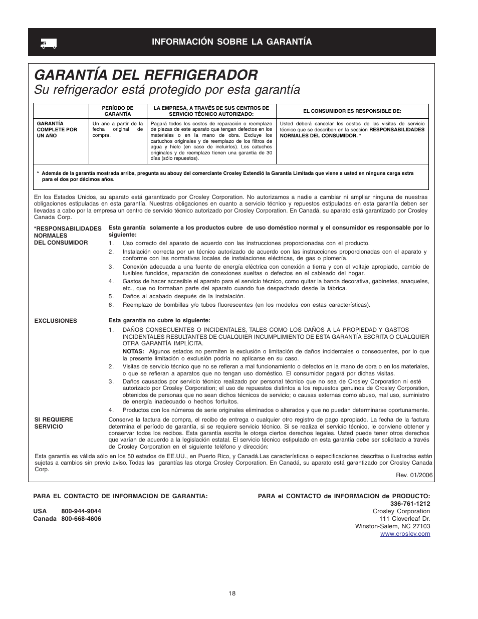 Garantía del refrigerador, Su refrigerador está protegido por esta garantía, Información sobre la garantía | Crosley Refrigerator Top Mount User Manual | Page 37 / 58