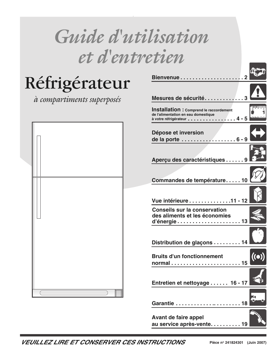 Guide d'utilisation et d'entretien, Réfrigérateur, À compartiments superposés | Crosley Refrigerator Top Mount User Manual | Page 39 / 58