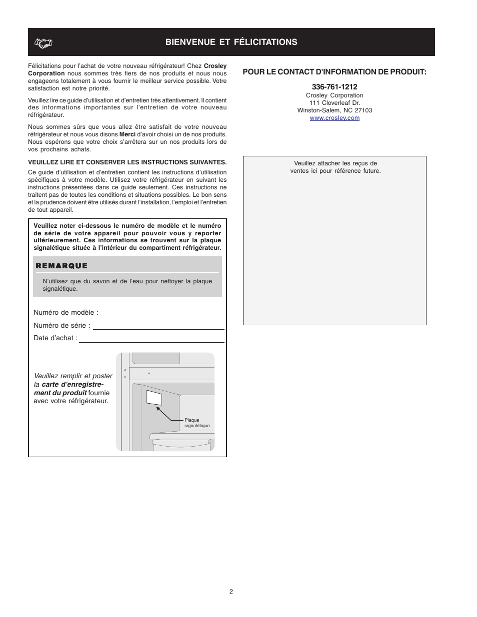 Bienvenue et félicitations | Crosley Refrigerator Top Mount User Manual | Page 40 / 58