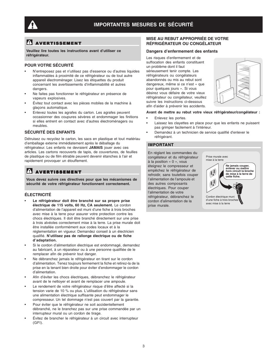 Importantes mesures de sécurité | Crosley Refrigerator Top Mount User Manual | Page 41 / 58