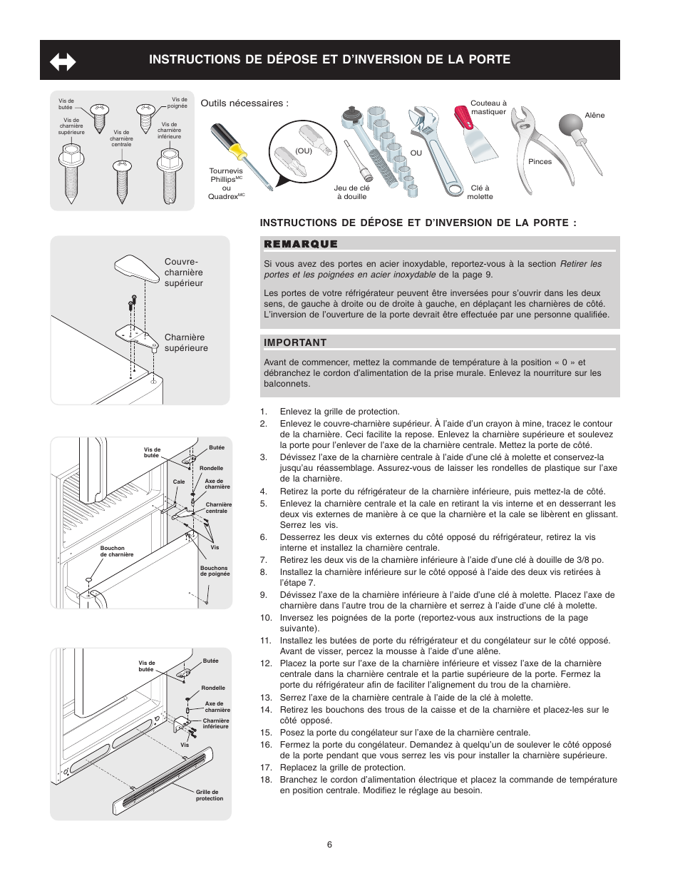 Instructions de dépose et d’inversion de la porte, Remarque, Important | Crosley Refrigerator Top Mount User Manual | Page 44 / 58