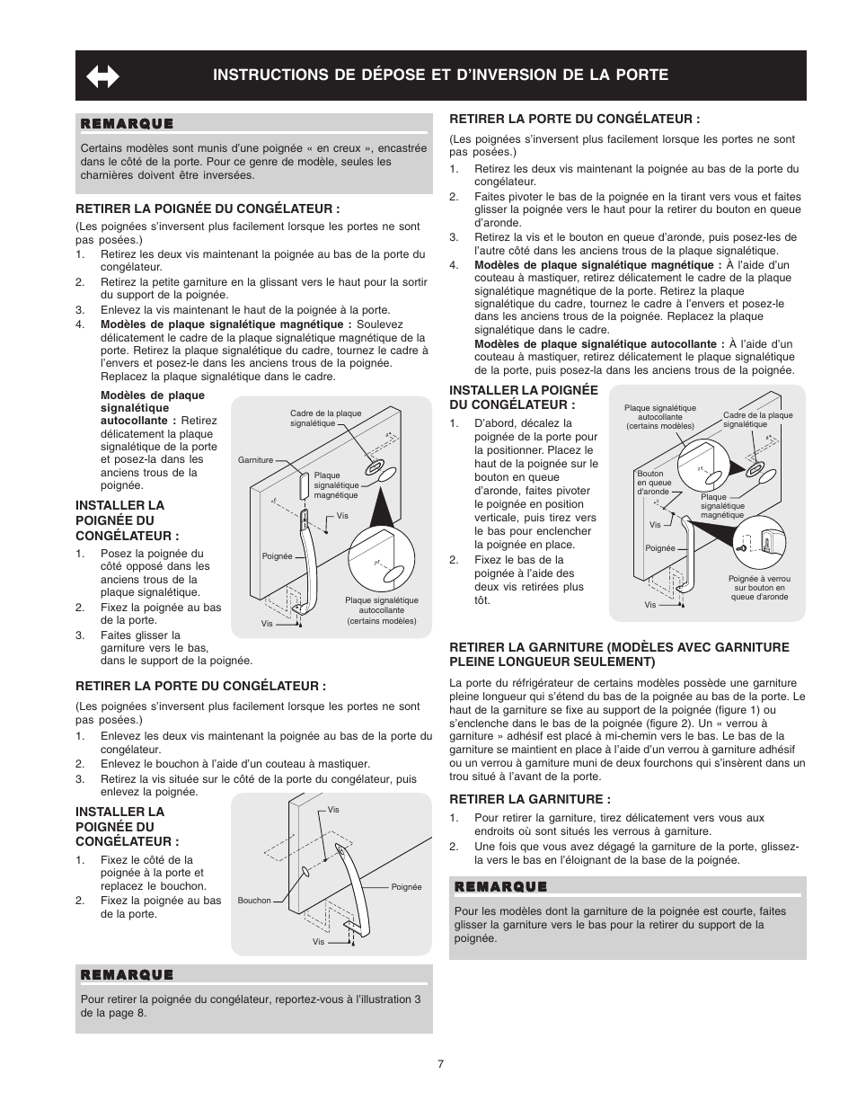 Instructions de dépose et d’inversion de la porte | Crosley Refrigerator Top Mount User Manual | Page 45 / 58