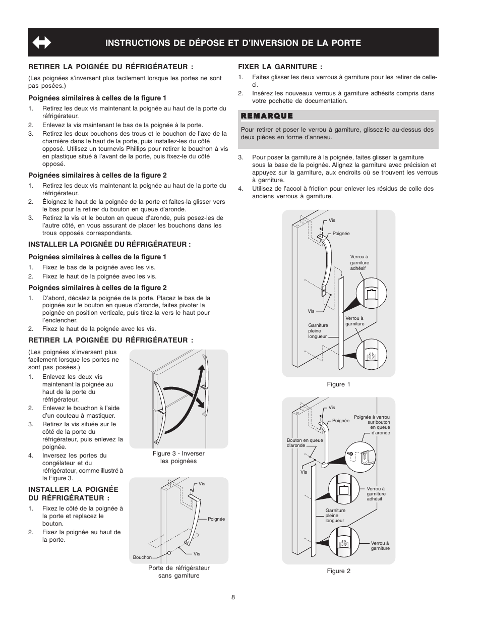 Instructions de dépose et d’inversion de la porte | Crosley Refrigerator Top Mount User Manual | Page 46 / 58