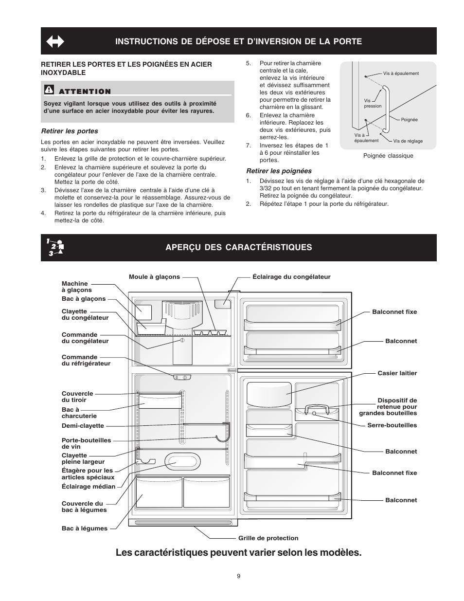 Instructions de dépose et d’inversion de la porte, Aperçu des caractéristiques | Crosley Refrigerator Top Mount User Manual | Page 47 / 58