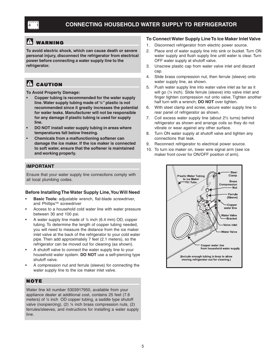 Connecting household water supply to refrigerator | Crosley Refrigerator Top Mount User Manual | Page 5 / 58