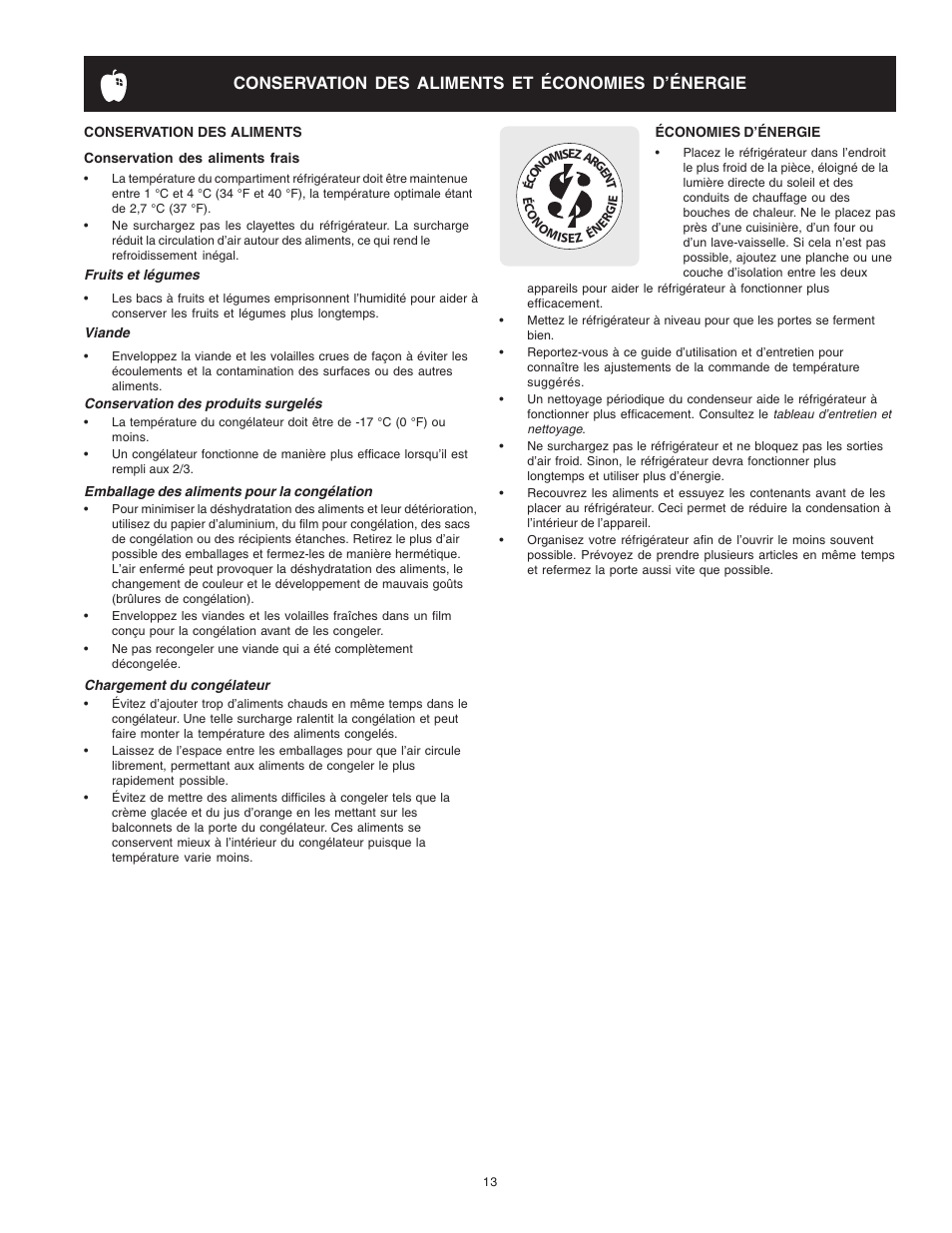 Conservation des aliments et économies d’énergie | Crosley Refrigerator Top Mount User Manual | Page 51 / 58