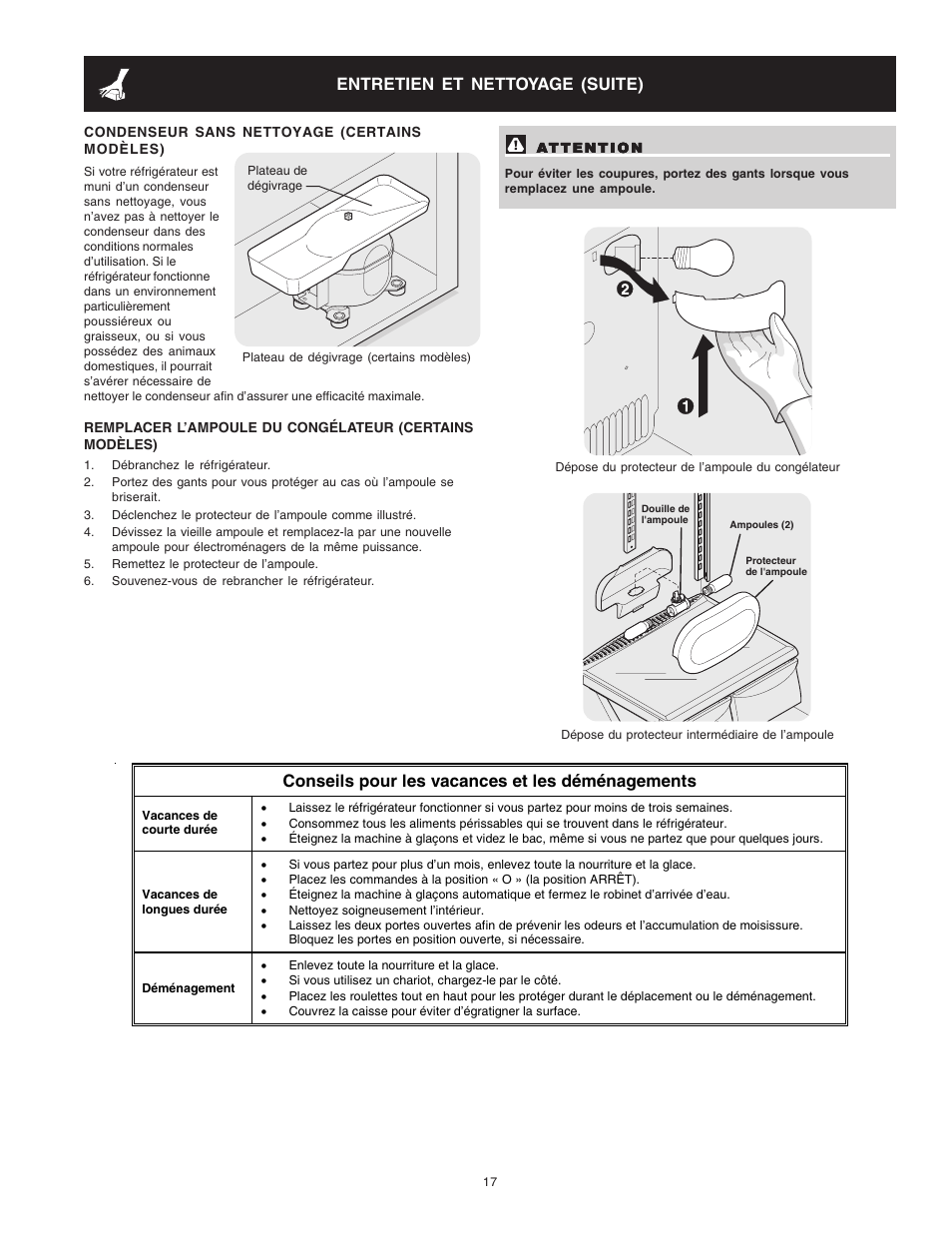 Entretien et nettoyage (suite), Conseils pour les vacances et les déménagements | Crosley Refrigerator Top Mount User Manual | Page 55 / 58