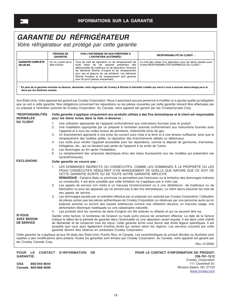 Garantie du réfrigérateur, Votre réfrigérateur est protégé par cette garantie, Informations sur la garantie | Crosley Refrigerator Top Mount User Manual | Page 56 / 58