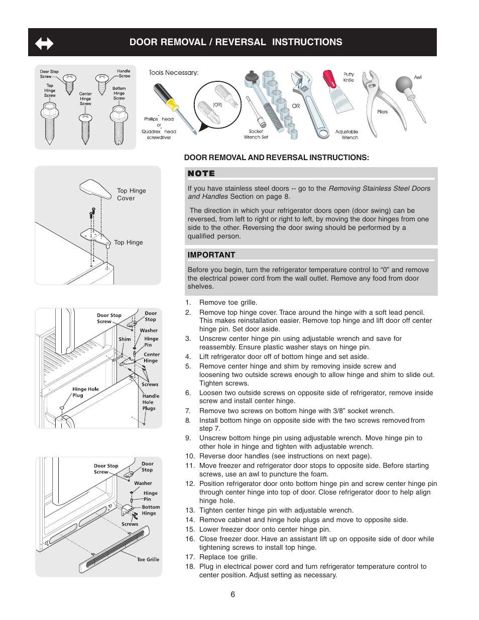 Door removal / reversal instructions | Crosley Refrigerator Top Mount User Manual | Page 6 / 58