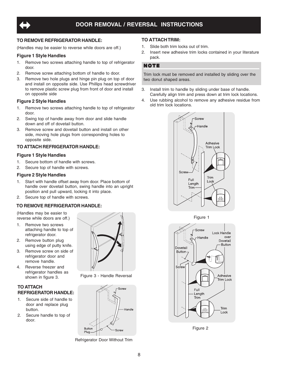 Door removal / reversal instructions | Crosley Refrigerator Top Mount User Manual | Page 8 / 58