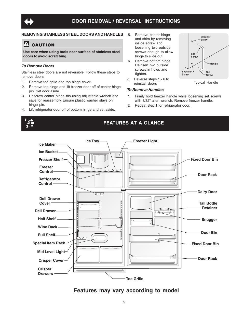 Features may vary according to model, Door removal / reversal instructions, Features at a glance | Crosley Refrigerator Top Mount User Manual | Page 9 / 58