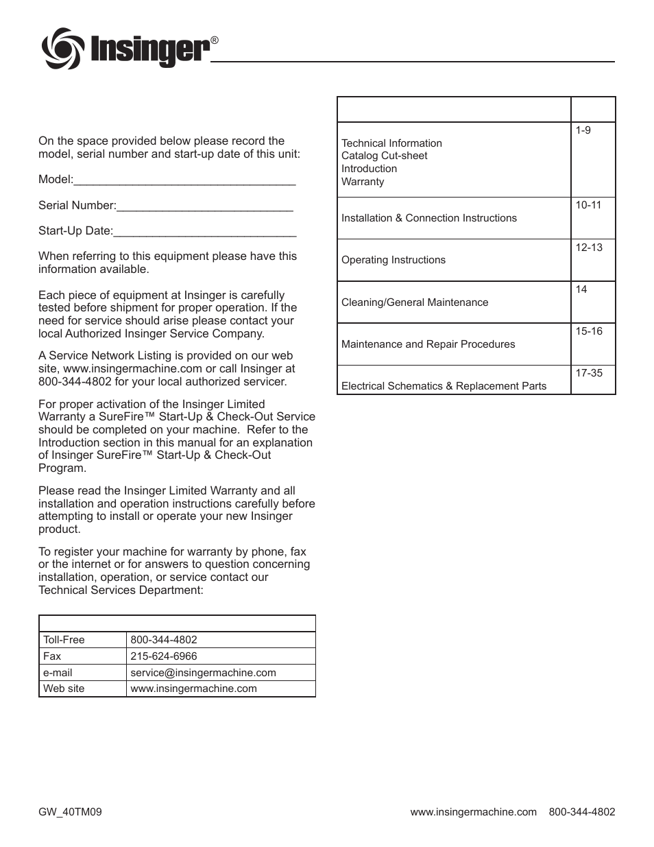 Insinger GW-40 User Manual | Page 2 / 38