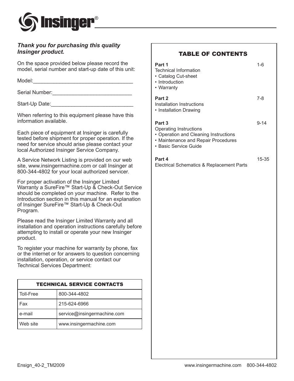 Insinger Ensign 40-2 User Manual | Page 2 / 38