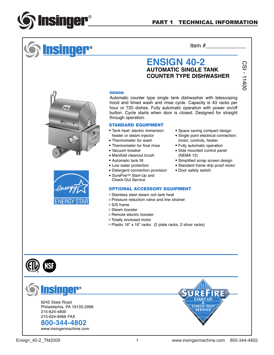 Ensign 40-2, Automatic single tank counter type dishwasher, Part 1 technical information | Insinger Ensign 40-2 User Manual | Page 3 / 38