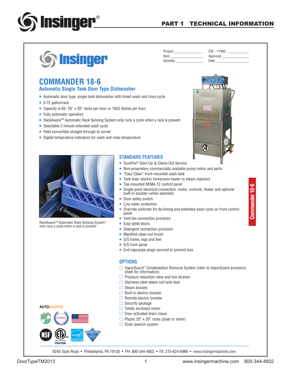 Commander 18-6, Part 1 technical information, Automatic single tank door type dishwasher | Insinger Commander 18-6 User Manual | Page 3 / 48