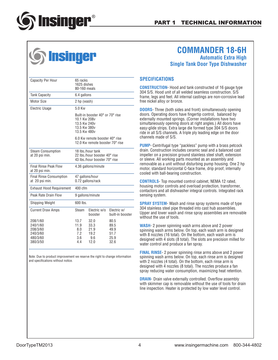 Commander 18-6h, Part 1 technical information, Specifications | Insinger Commander 18-6 User Manual | Page 6 / 48