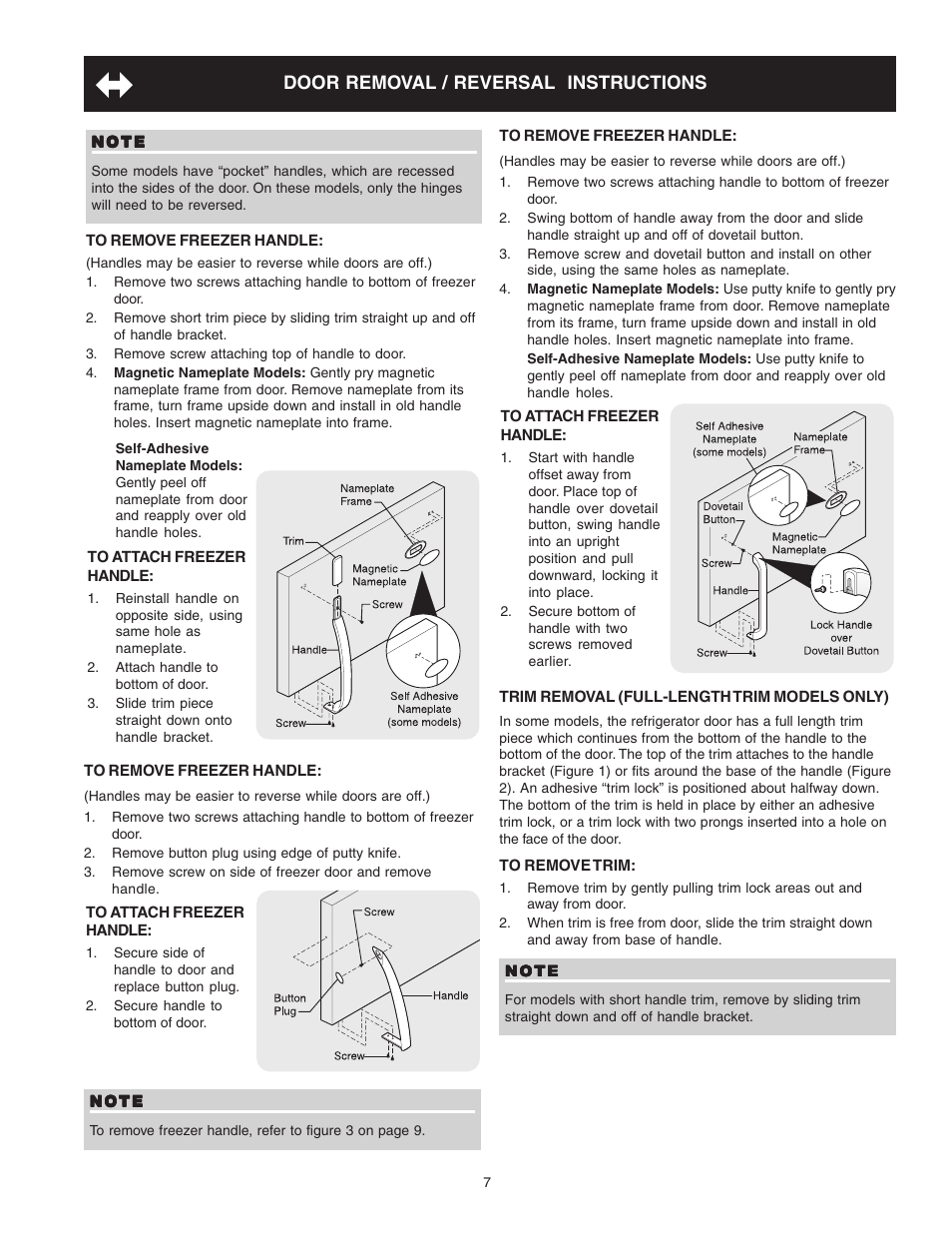 Door removal / reversal instructions | Crosley 241824301 User Manual | Page 7 / 19