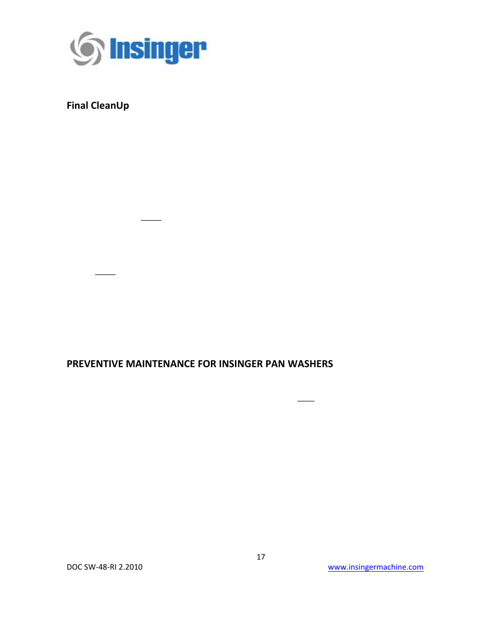 Final cleanup, Preventive maintenance for insinger pan washers | Insinger SW-48-RI User Manual | Page 17 / 40