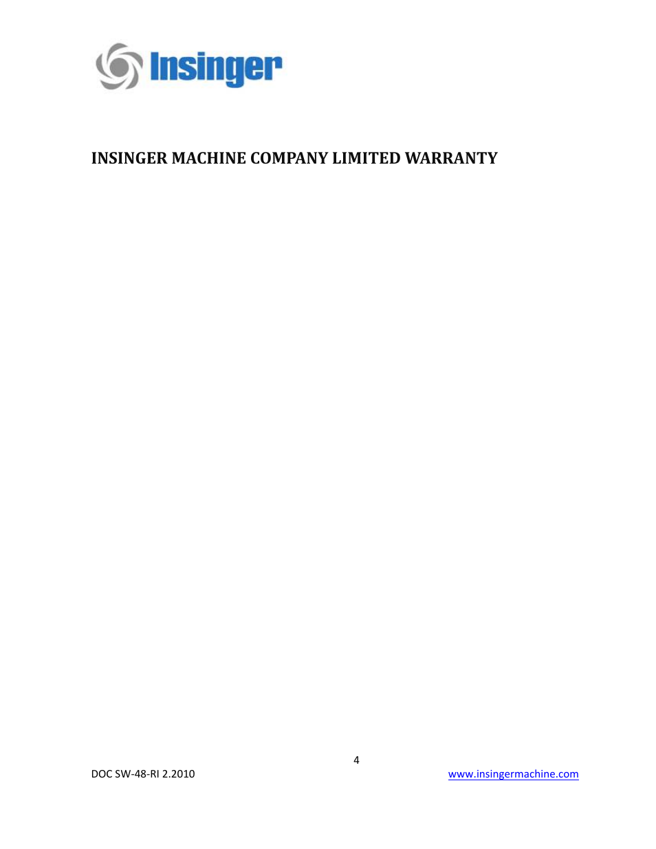 Insinger machine company limited warranty | Insinger SW-48-RI User Manual | Page 4 / 40