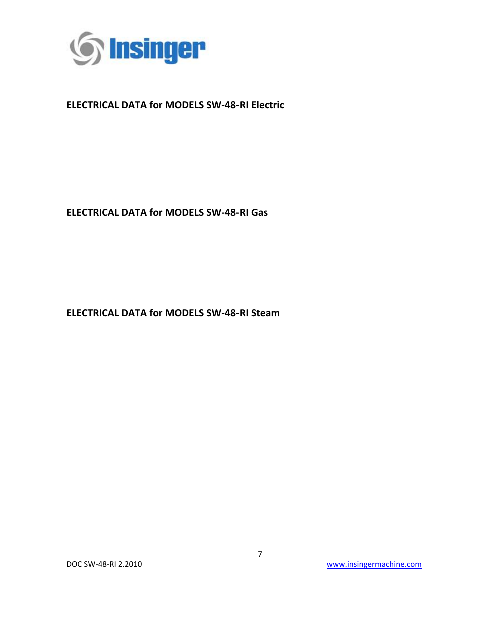 Electrical data for models sw‐48‐ri electric, Electrical data for models sw‐48‐ri gas, Electrical data for models sw‐48‐ri steam | Insinger SW-48-RI User Manual | Page 7 / 40